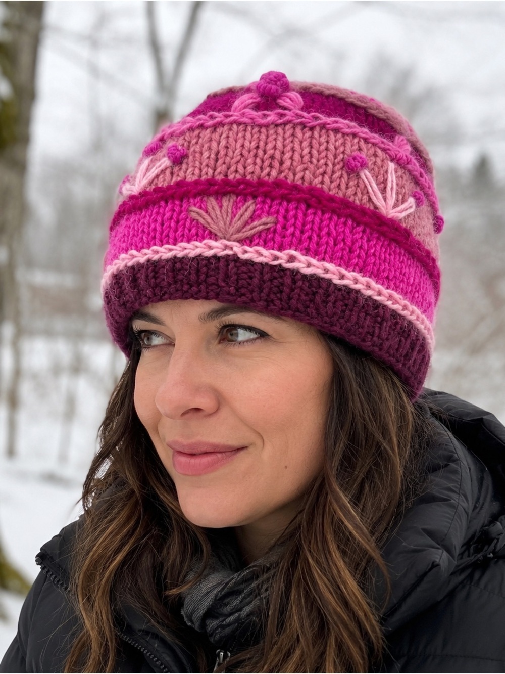 Handmade in Nepal Pink Floral 100% Wool Knit Beanie Hat